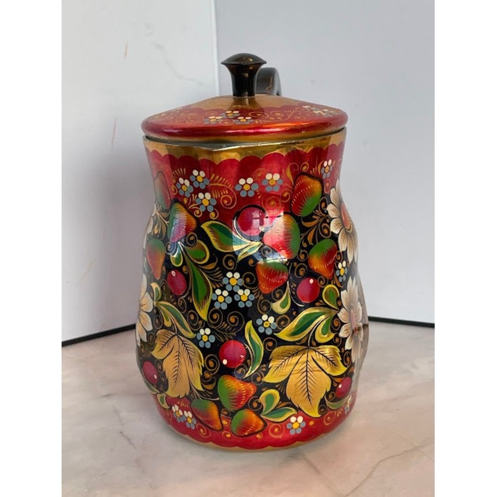 Vintage Russian Khokhloma Hand Painted Lacquer Floral Red Gold Jug Pitcher w Lid - Picture 4 of 16